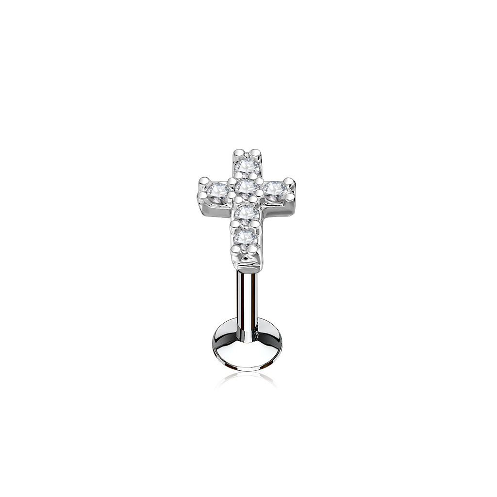 Levně Piercing do brady křížek 1,2 x 6 mm, čiré zirkony - LB0027C-1206