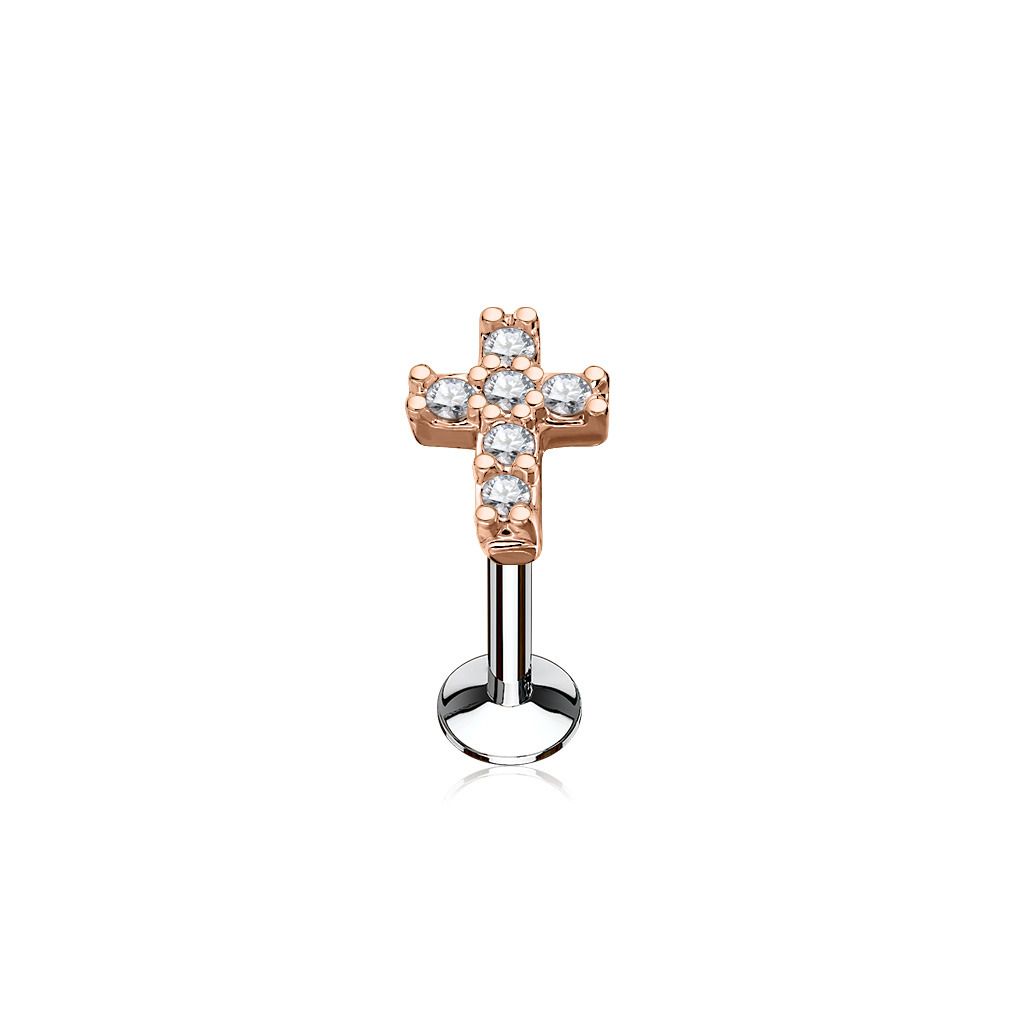 S4U Zlacený piercing do brady křížek 1,2 x 8 mm, čiré zirkony - LB0027RDC-1208