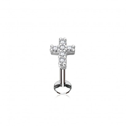 Piercing do brady křížek 1,2 x 8 mm, čiré zirkony