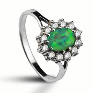Stříbrný prsten se zirkony a zeleným opálem, vel. 51