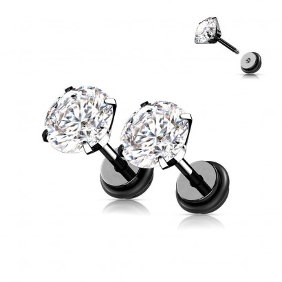 Černá piercingová náušnice, čirý zirkon 6 mm - 1 kus