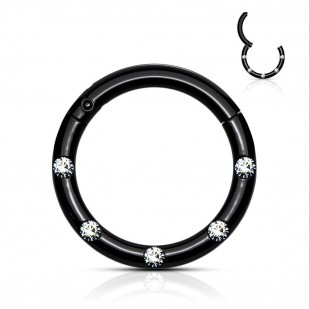 Černý piercing kruh segment, čiré kameny, 1,2 x 10 mm