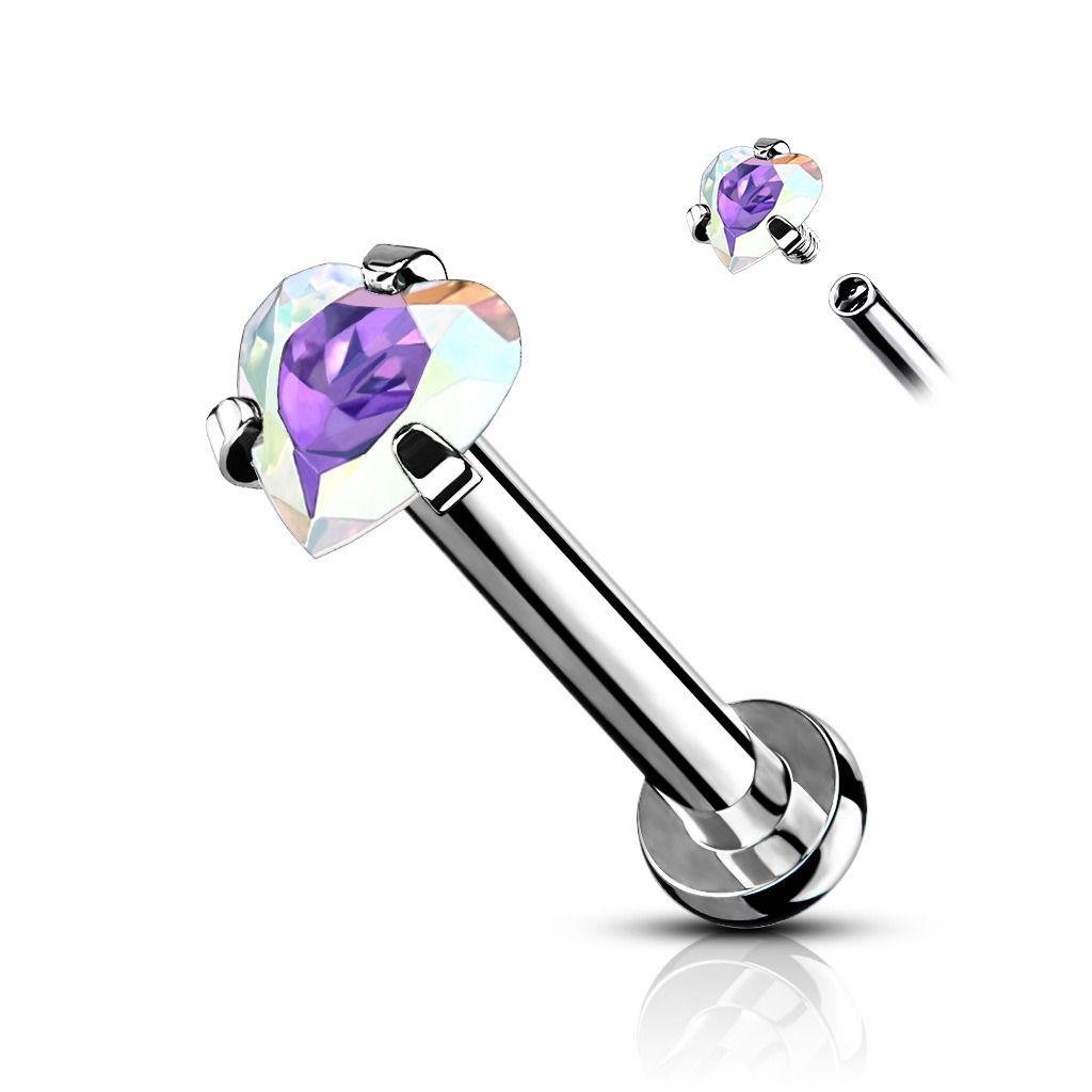 Levně Piercing do brady labreta / cartilage duhové srdíčko 1,2 x 8 mm - LB1095AB-1208