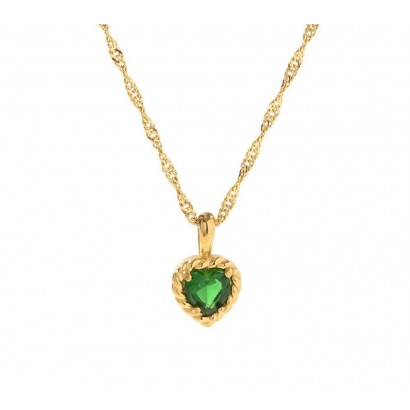 Zlacený ocelový náhrdelník zelené srdíčko