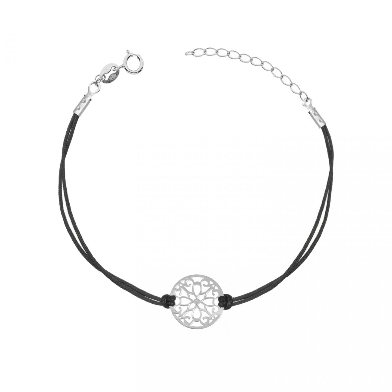 Levně Černý náramek se stříbrným kolečkem s ornamenty - IT0024-K