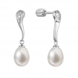 Stříbrné náušnice visací s oválnou říční perlou a zirkony bílé 21097.1B