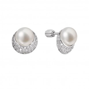 Stříbrné náušnice pecky půlměsíc s říční perlou a zirkony bílé 21099.1B