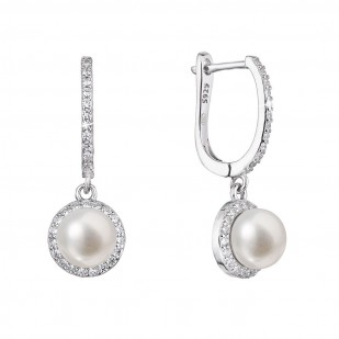 Stříbrné náušnice visací s bílou říční perlou a zirkony kulaté 21076.1
