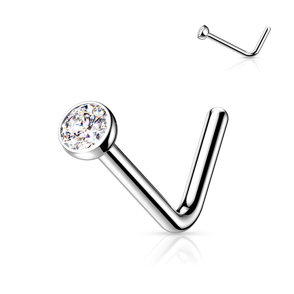 Levně Zahnutý piercing do nosu - titan, 1,5mm čirý kamínek - TIT1027C-015