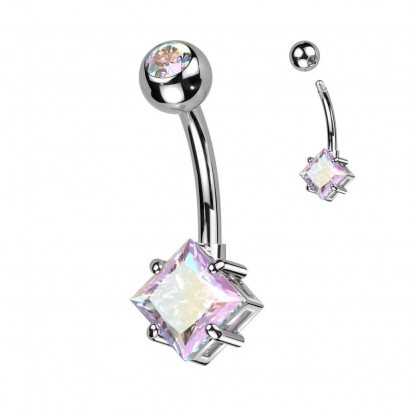 Piercing do pupíku s čtvercovým kamenem (duhový)