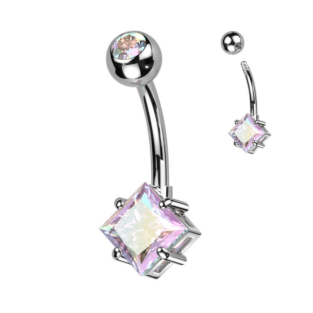 Piercing do pupíku s čtvercovým kamenem (duhový)