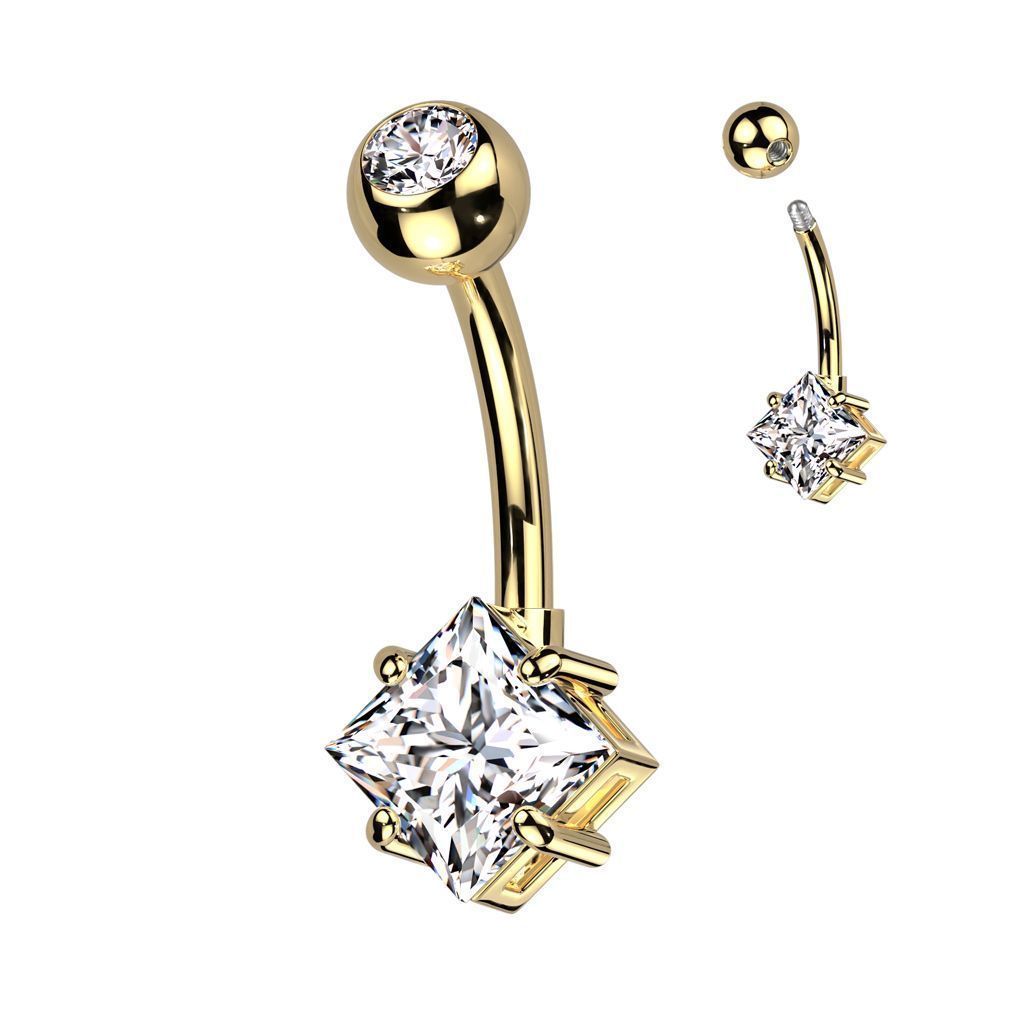 Zlacený piercing do pupíku s čtvercovým kamenem