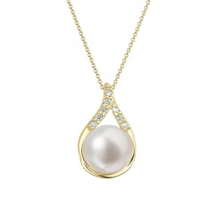 Zlatý 14 karátový náhrdelník slza s bílou říční perlou a brilianty 92PB00032