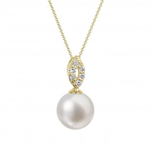 Zlatý 14 karátový náhrdelník s bílou říční perlou a brilianty 92PB00040