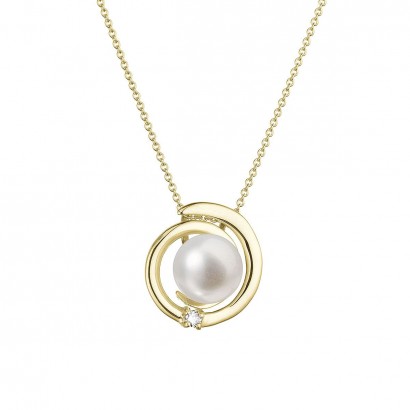Zlatý 14 karátový náhrdelník s bílou říční perlou a briliantem 92PB00046