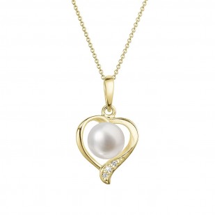 Zlatý 14 karátový náhrdelník srdce s bílou říční perlou a brilianty 92PB00049