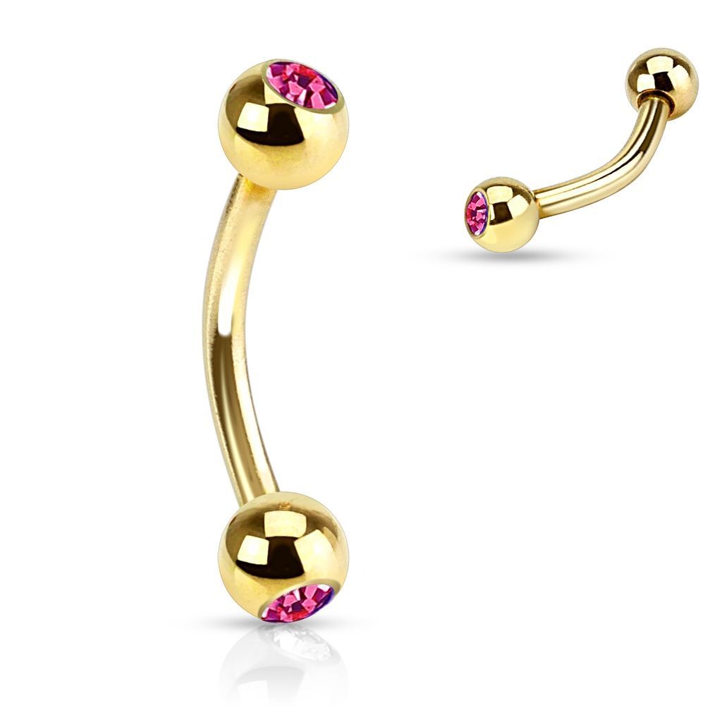 Levně Pozlacený piercing do obočí s kamínky (tmavě růžová) - OB01088-F