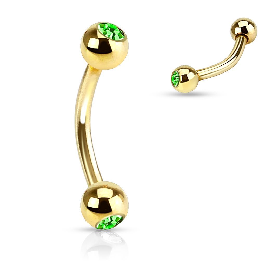 Levně Pozlacený piercing do obočí s kamínky (zelená) - OB01088-G