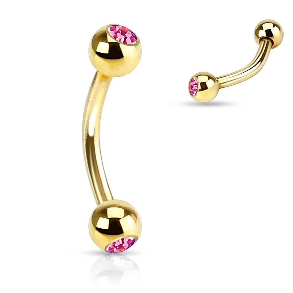Levně Pozlacený piercing do obočí s kamínky (růžová) - OB01088-P