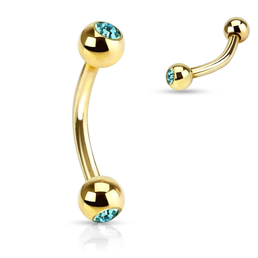 Levně Pozlacený piercing do obočí s kamínky (tyrkysová) - OB01088-Q