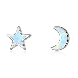 Stříbrné náušnice hvězdička a měsíček s bílým opálem