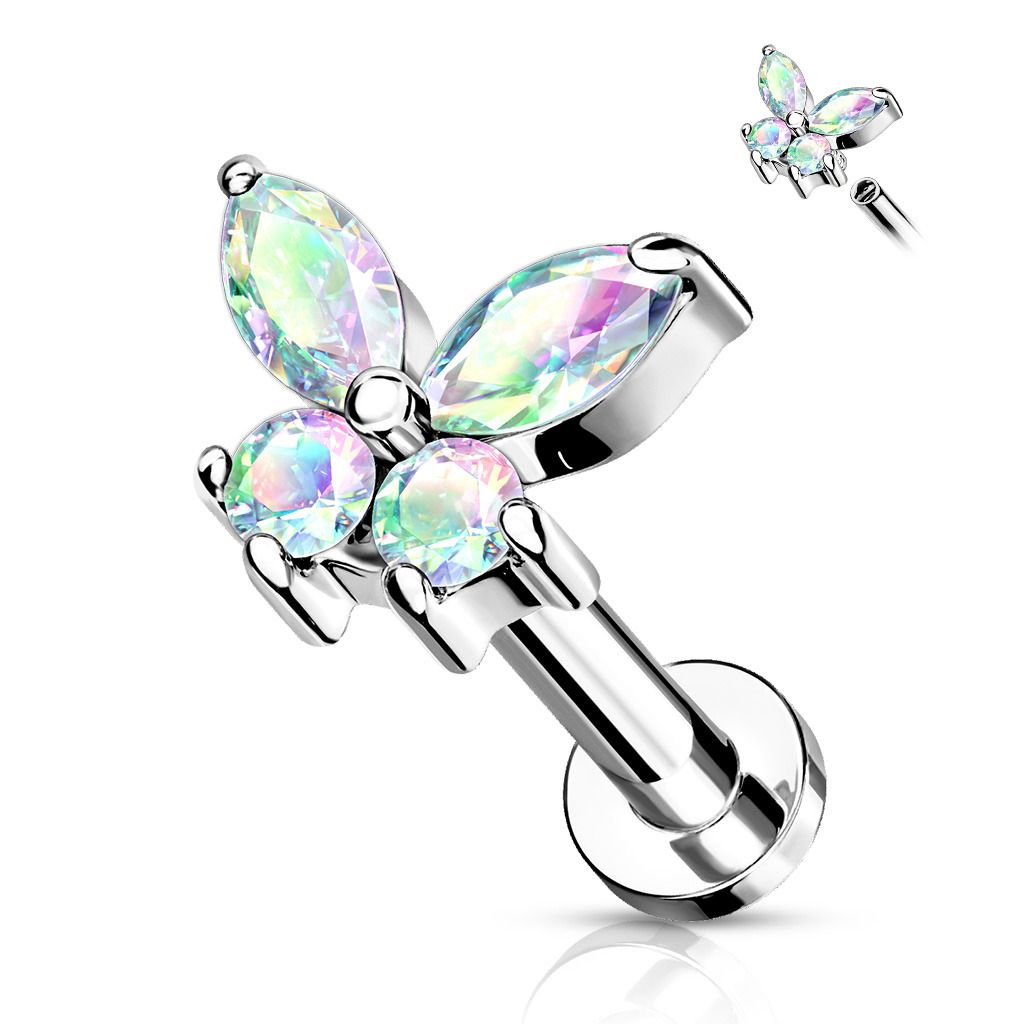 Labreta / helix / tragus piercing - motýlek duhový (1,2 x 6 mm) - LB0023AB-1206