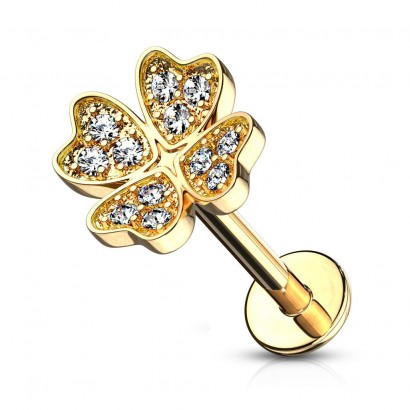 Zlacený piercing do brady - labreta čtyřlístek (1,2 x 6 mm)