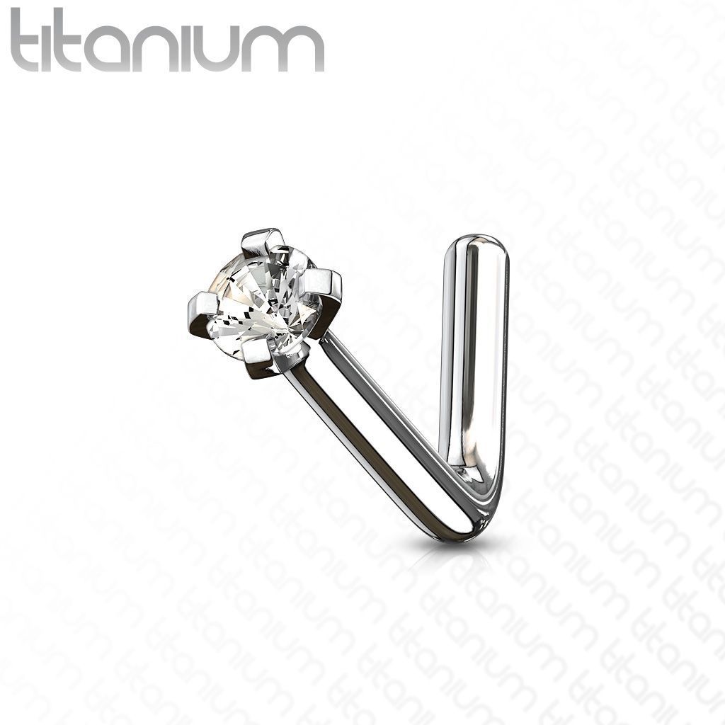 Zahnutý piercing do nosu - titan, čirý kamínek 2 mm - TIT1038-C