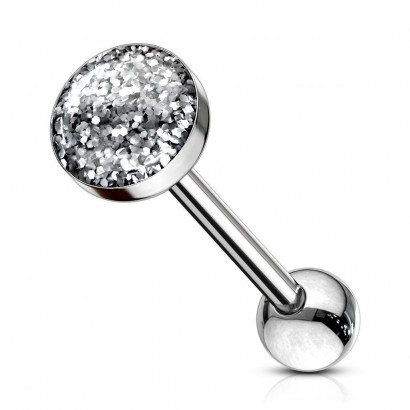 Piercing do jazyku s třpytkami stříbrnými
