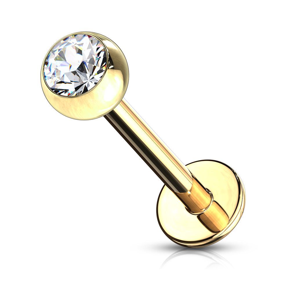 Pozlacený piercing do brady - labreta 1,2 x 6 mm, čirý zirkon - LB1033C-1206