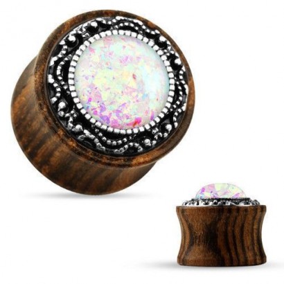 Dřevěný plug s ornamenty a opálem (12 mm)