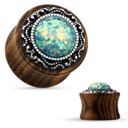 Dřevěný plug s ornamenty a opálem (8 mm)