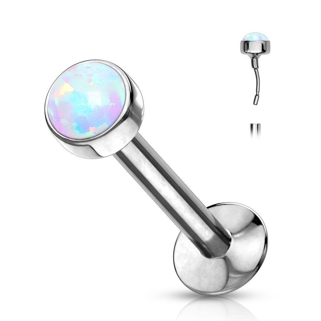 Piercing labreta chirurgická ocel s bílým opálem (0,8 x 8 x 3 mm)