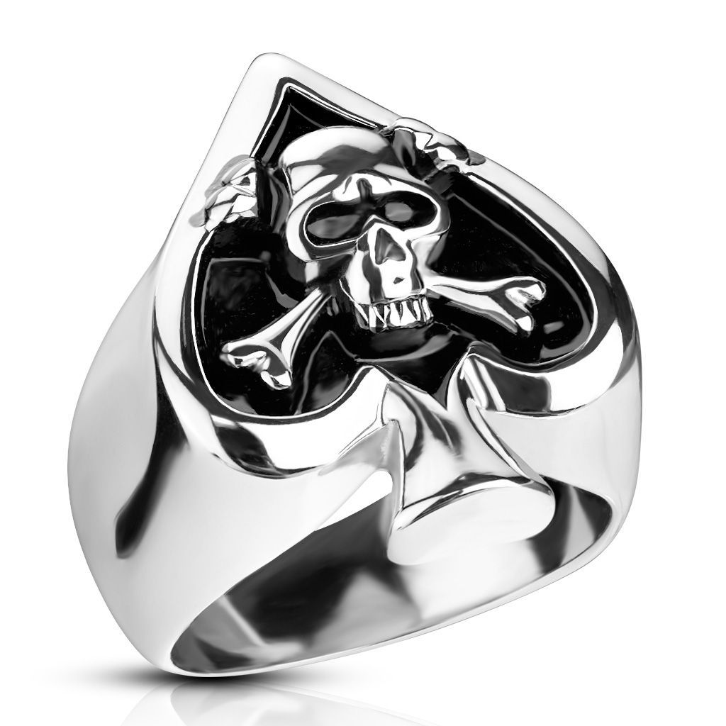 Ocelový prsten listy piky s lebkou vel. 52