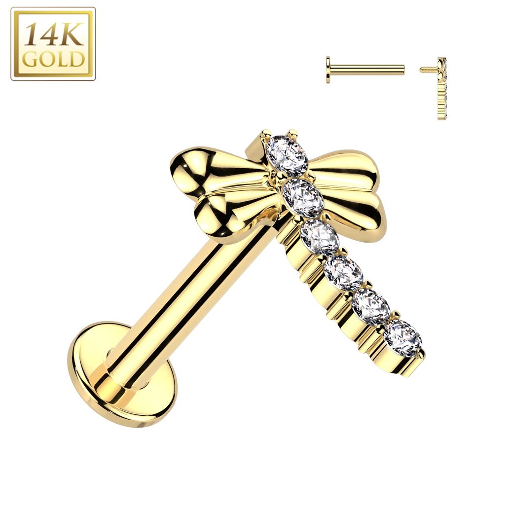 Levně Zlatý piercing do brady - labreta vážka 1,2 x 8 mm, Au 585/1000