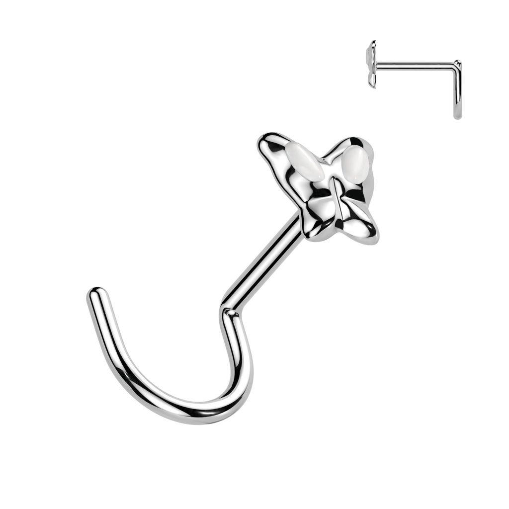 Levně Zahnutý piercing do nosu - motýlek (bílá) - N01123-W
