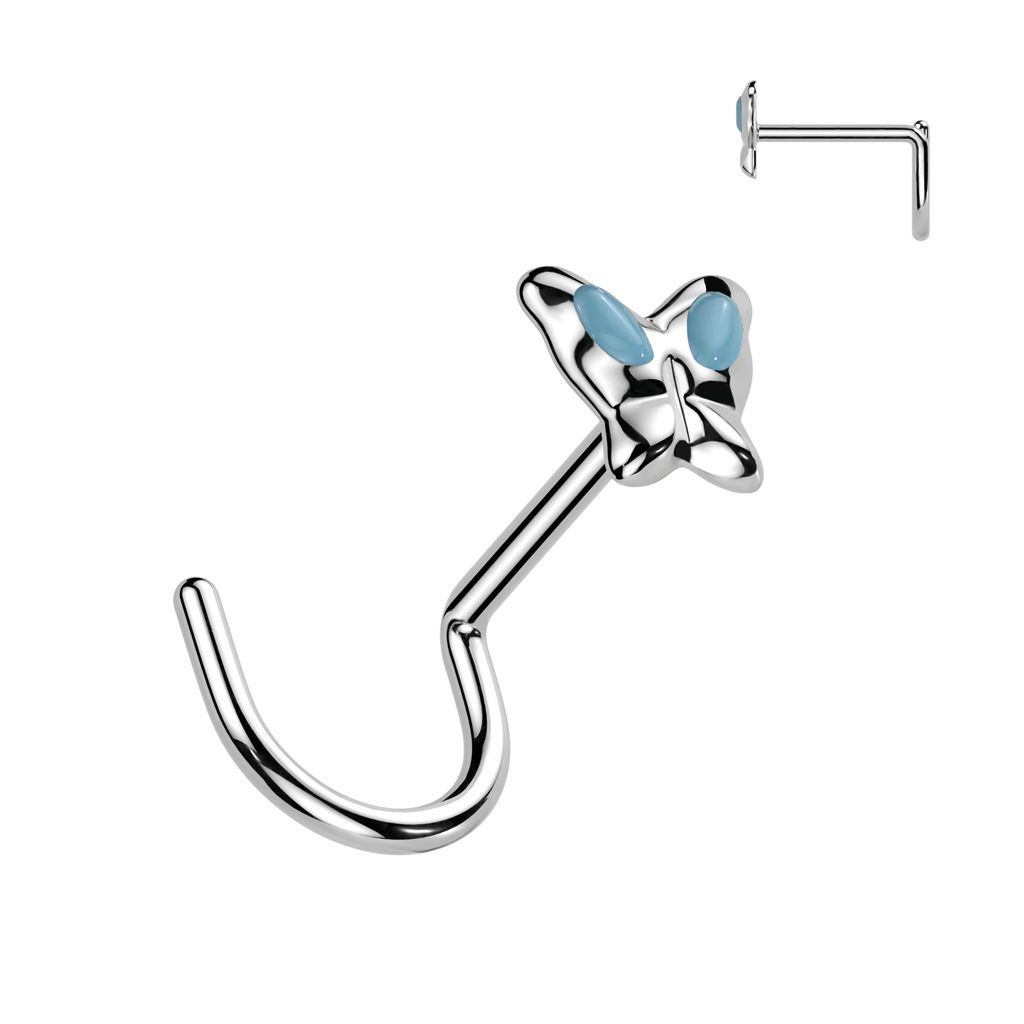 Zahnutý piercing do nosu - motýlek (tyrkysová) - N01123-Q