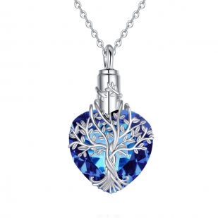 Stříbrný pietní náhrdelník - Modré Swarovski srdce s motivem stromu života