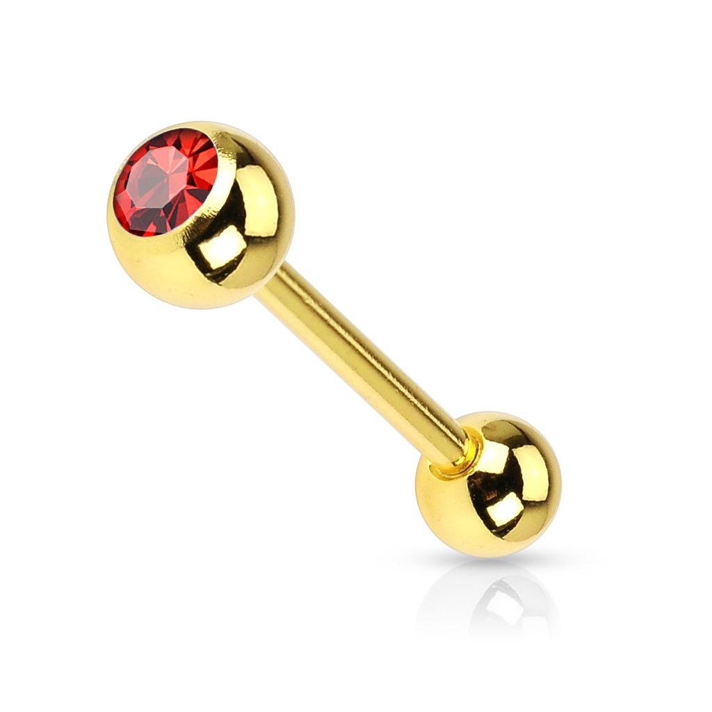 Levně Pozlacený piercing do jazyku - kamínek (červená) - PJ01030-R