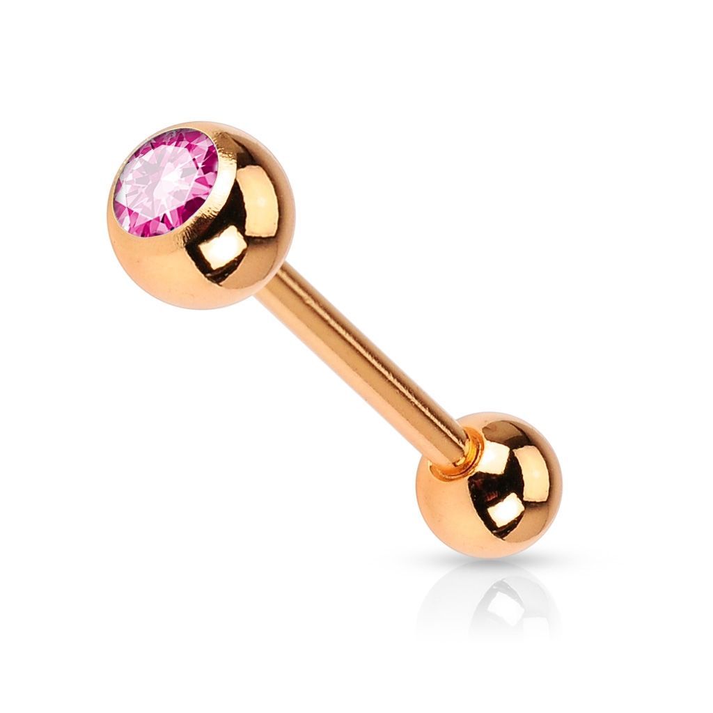 Levně Pozlacený piercing do jazyku - růžový kamínek