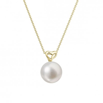 Zlatý 14 karátový náhrdelník žluté zlato srdíčko s bílou říční perlou 92P00043