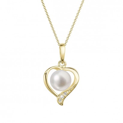 Zlatý 14 karátový náhrdelník srdce s bílou říční perlou a brilianty 92PB00049