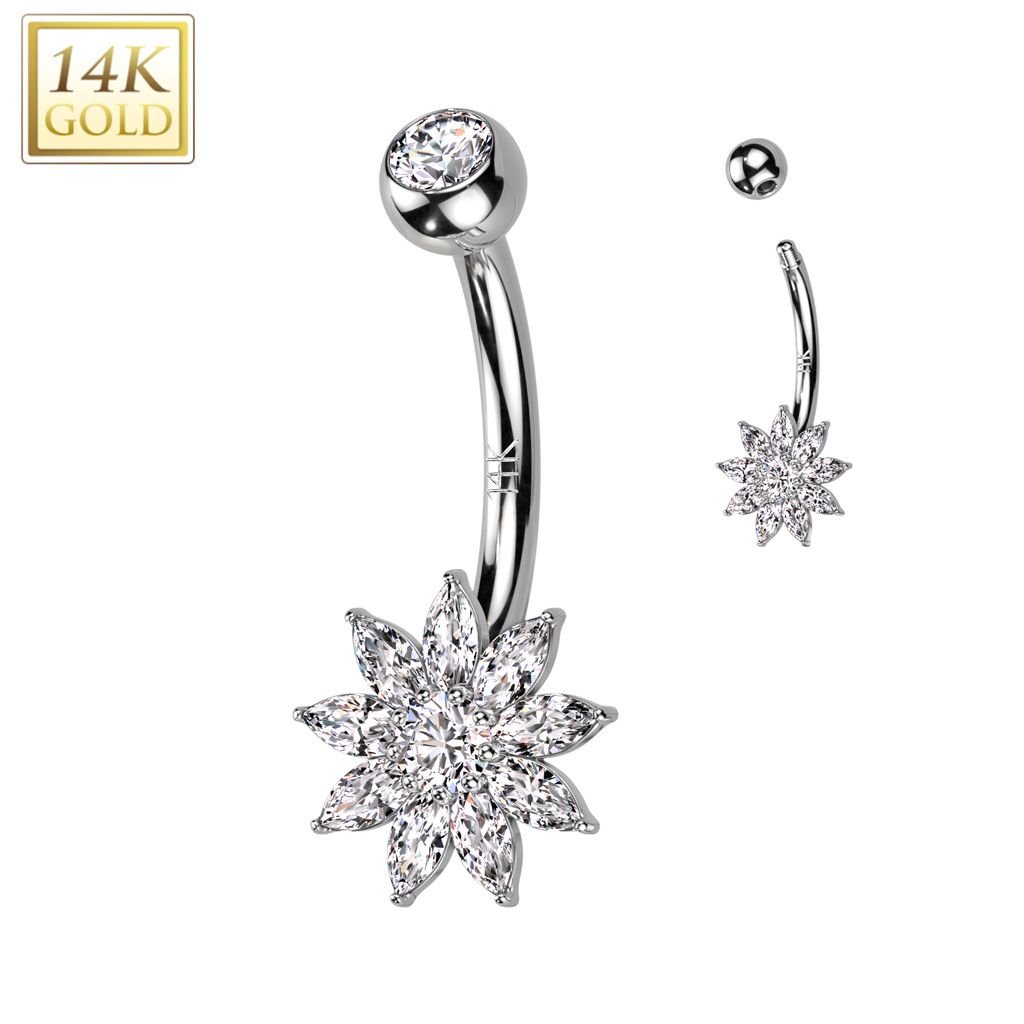 Levně Zlatý piercing do pupíku - kytička, Au 585/1000