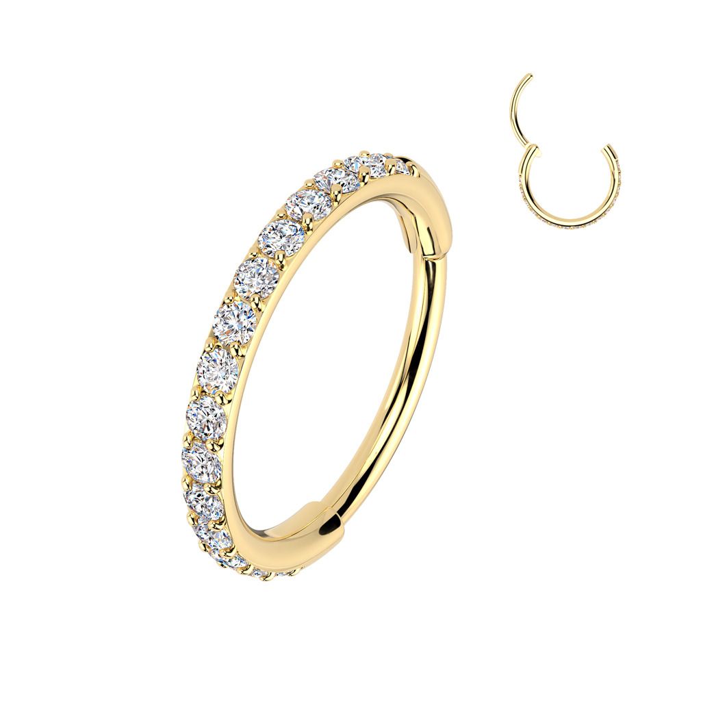 Zlacený ocelový piercing - segment kruh se zirkony (0,8 x 7 mm) - SG120GD-07