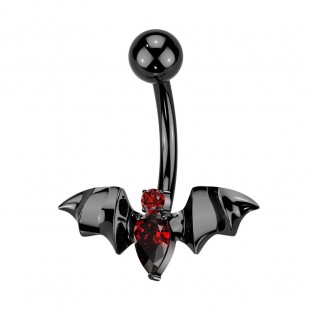 Černý piercing do pupíku netopýr s rudými zirkony - TITAN