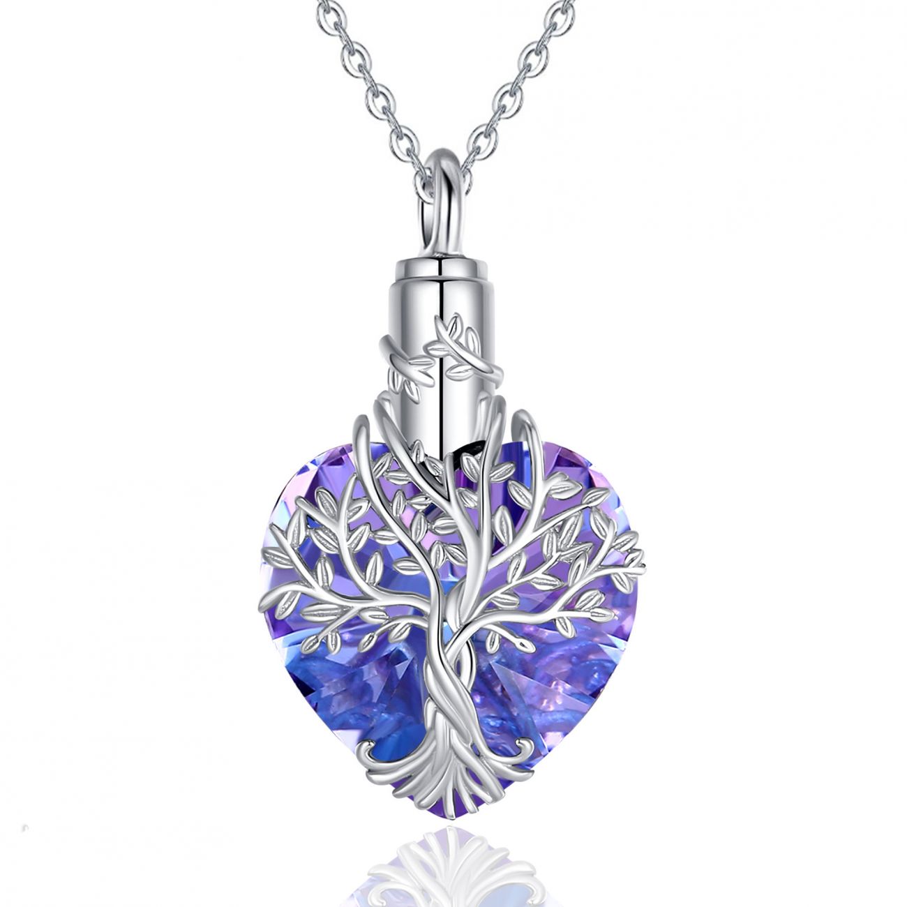 Stříbrný pietní náhrdelník - Fialové Swarovski srdce s motivem stromu života