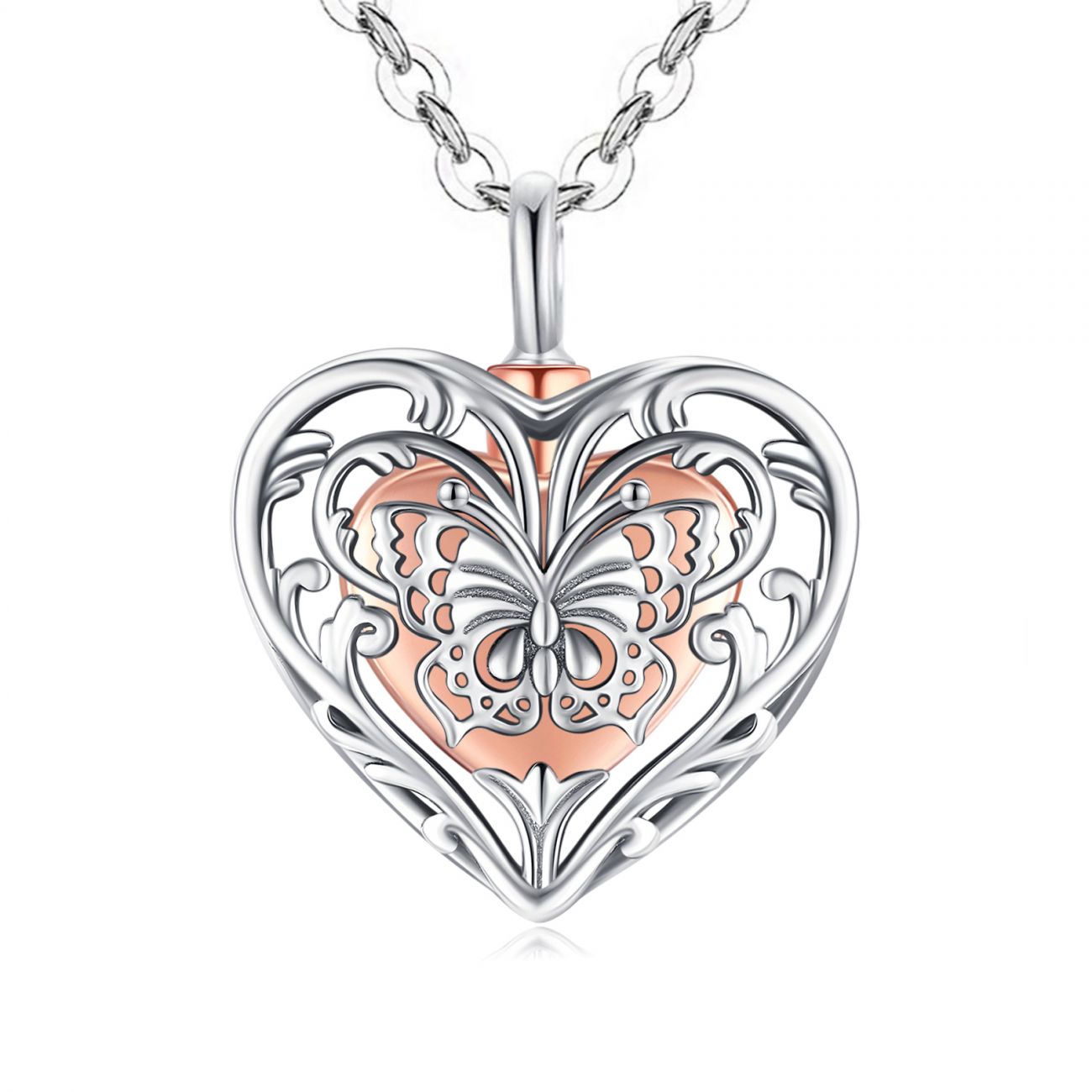 Stříbrný pietní náhrdelník - Srdce s motýlem