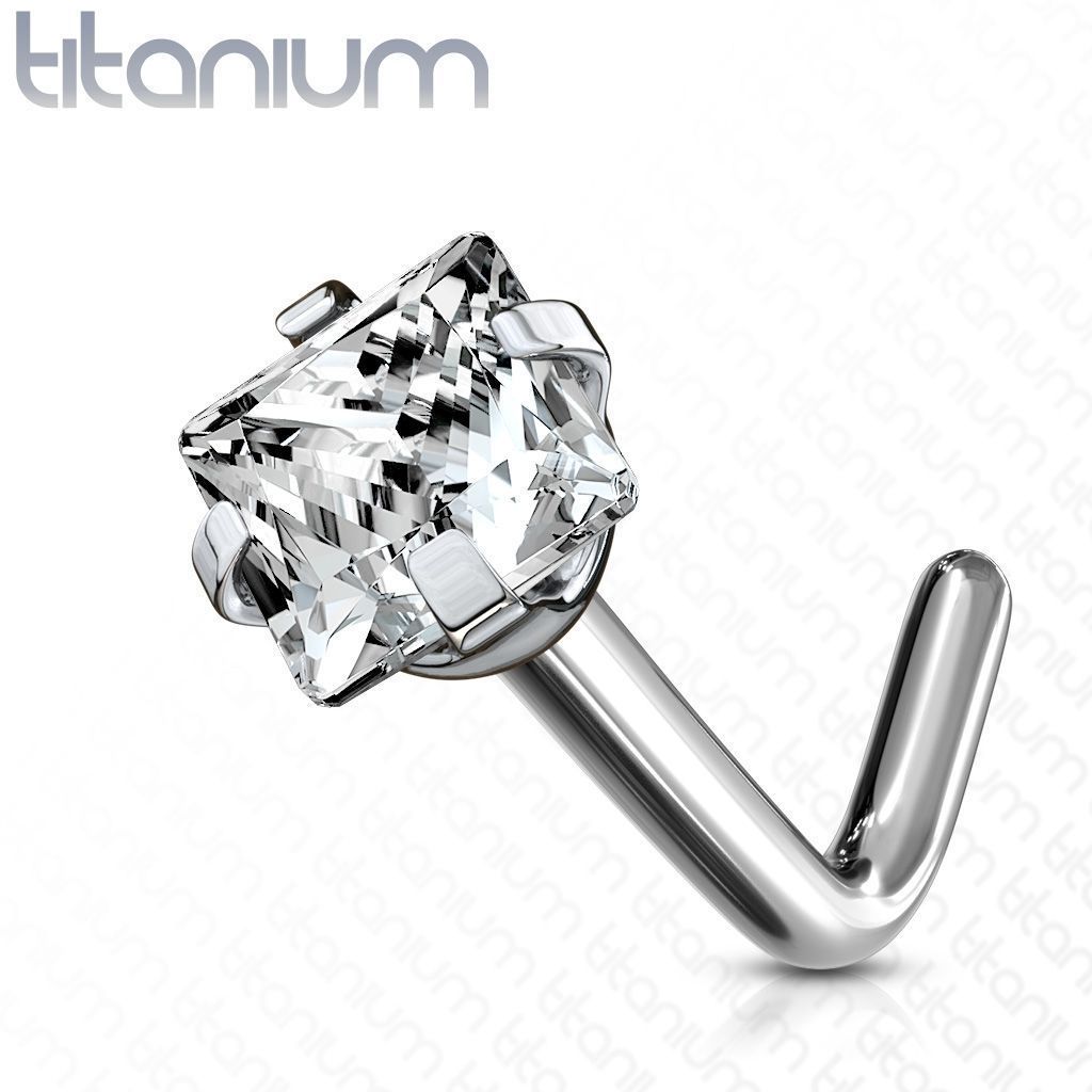 Zahnutý piercing do nosu - titan, čirý kamínek 3 mm - TIT1040-C