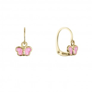 Zlaté 14 karátové dětské náušnice růžový motýlek 91A00071