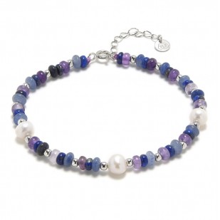 Minerální náramek přírodní Ametyst, Lapis lasuli, Aventurín a perla, stříbro AG925